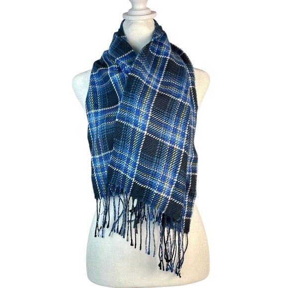 Lands’ End Blue Plaid Fringe Scarf – Soft Winter Wrap – Classic Tartan - Picture 2 of 7